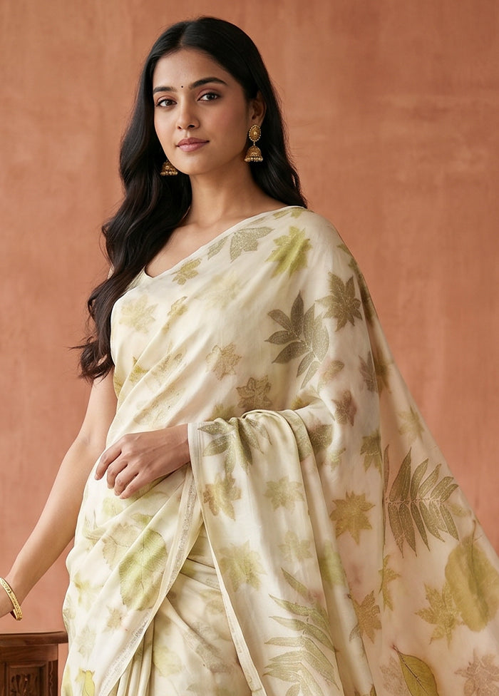 Cream Printed Pure Silk Saree Without Blouse Piece