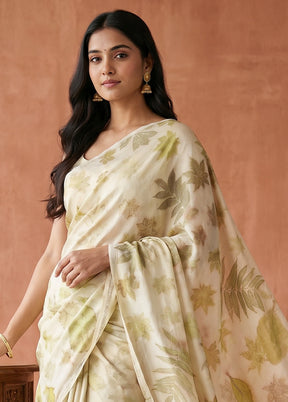 Cream Printed Pure Silk Saree Without Blouse Piece