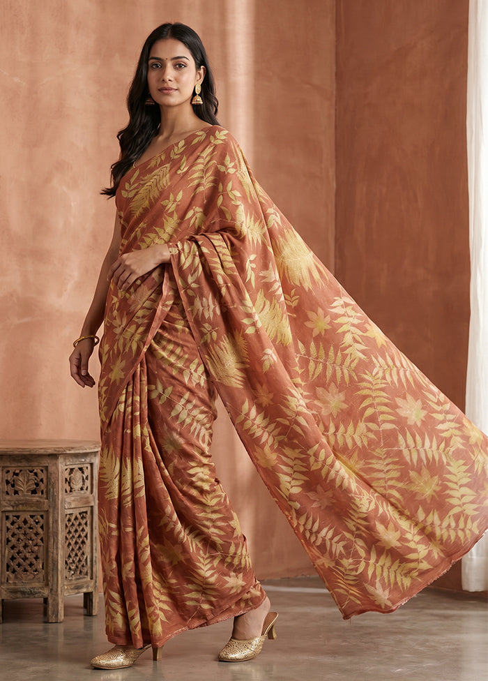 Rust Printed Pure Silk Saree Without Blouse Piece