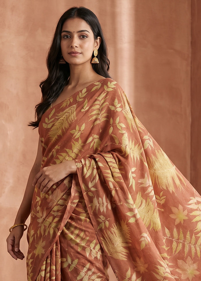 Rust Printed Pure Silk Saree Without Blouse Piece