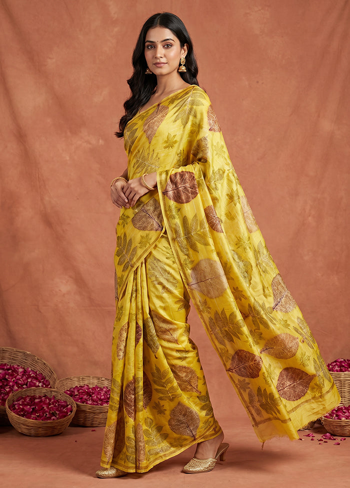 Yellow Printed Pure Silk Saree Without Blouse Piece