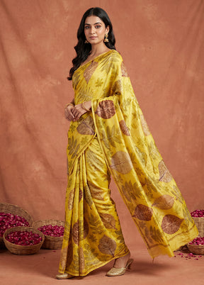 Yellow Printed Pure Silk Saree Without Blouse Piece