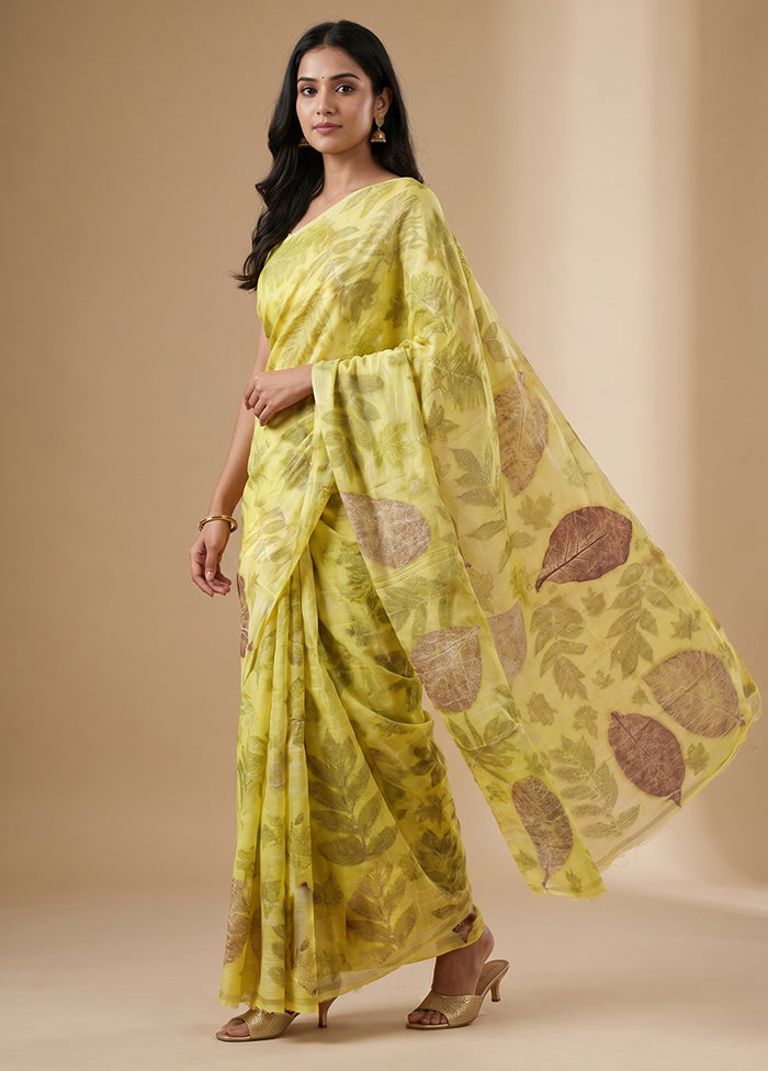 Yellow Printed Pure Silk Saree Without Blouse Piece