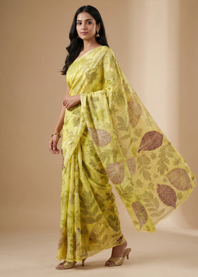 Yellow Printed Pure Silk Saree Without Blouse Piece