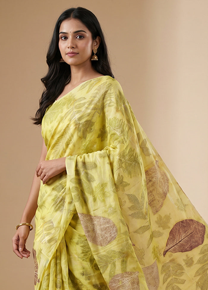 Yellow Printed Pure Silk Saree Without Blouse Piece