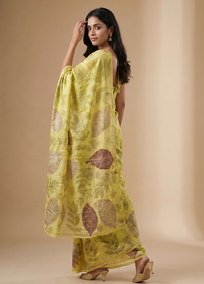 Yellow Printed Pure Silk Saree Without Blouse Piece