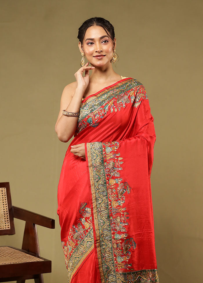 Red Handloom Pure Georgette Saree With Blouse Piece