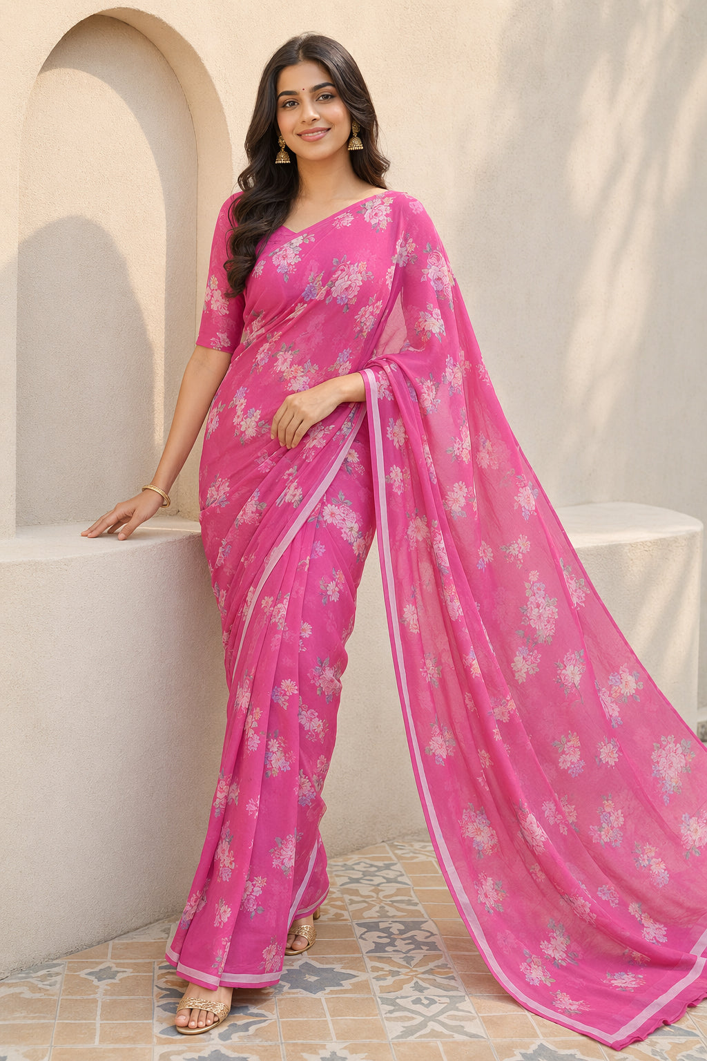 Pink Handloom Chiffon Pure Silk Saree With Blouse Piece