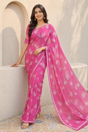 Pink Handloom Chiffon Pure Silk Saree With Blouse Piece