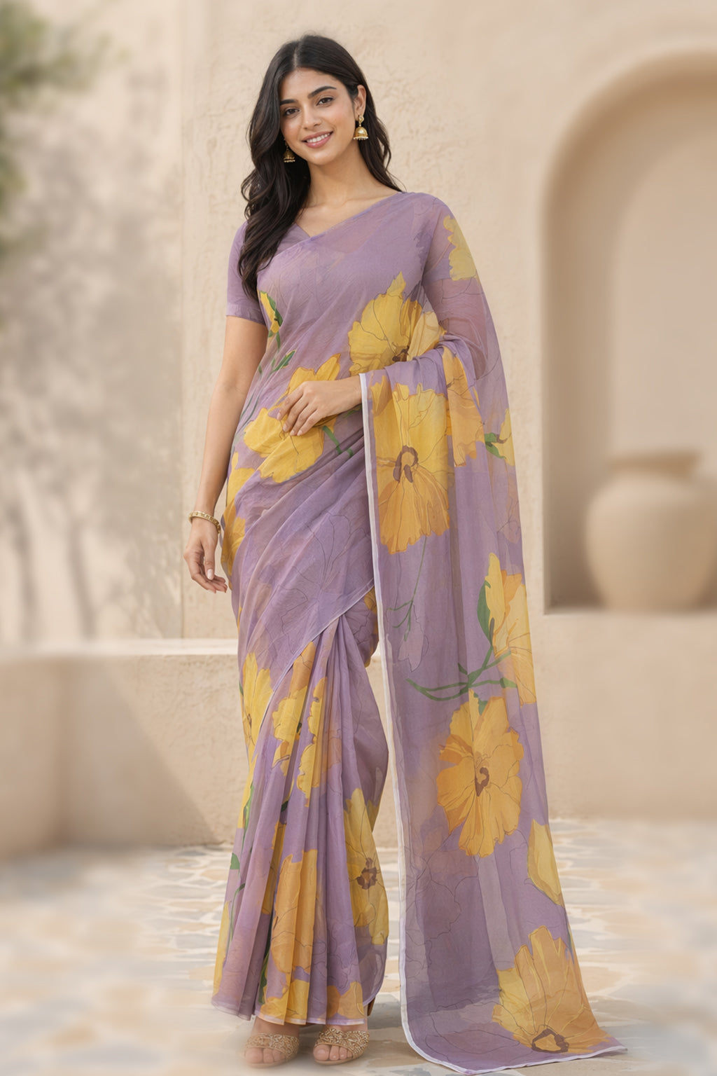 Purple Handloom Chiffon Pure Silk Saree With Blouse Piece