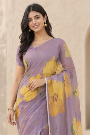 Purple Handloom Chiffon Pure Silk Saree With Blouse Piece
