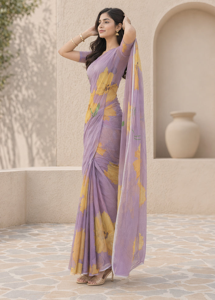 Purple Handloom Chiffon Pure Silk Saree With Blouse Piece