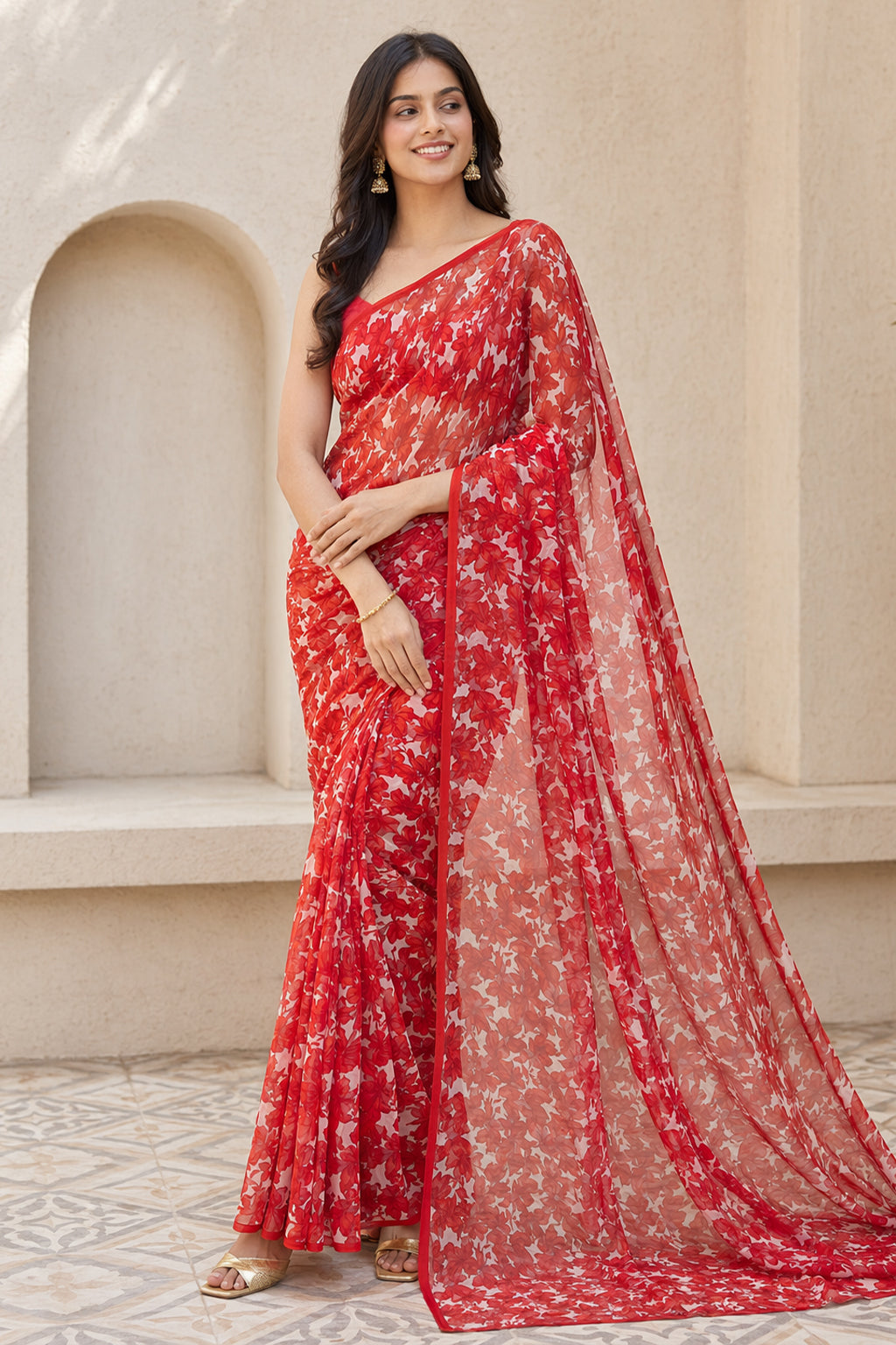 Red Handloom Chiffon Pure Silk Saree With Blouse Piece