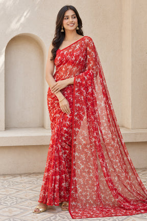 Red Handloom Chiffon Pure Silk Saree With Blouse Piece