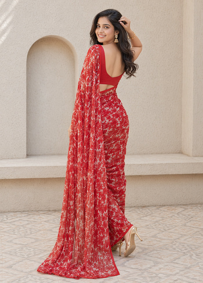 Red Handloom Chiffon Pure Silk Saree With Blouse Piece