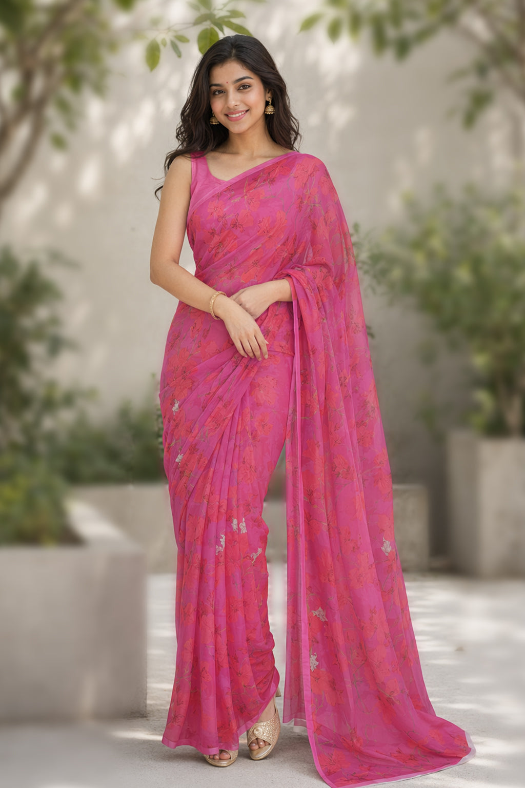 Pink Handloom Chiffon Pure Silk Saree With Blouse Piece