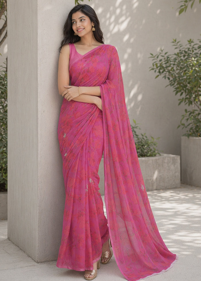 Pink Handloom Chiffon Pure Silk Saree With Blouse Piece