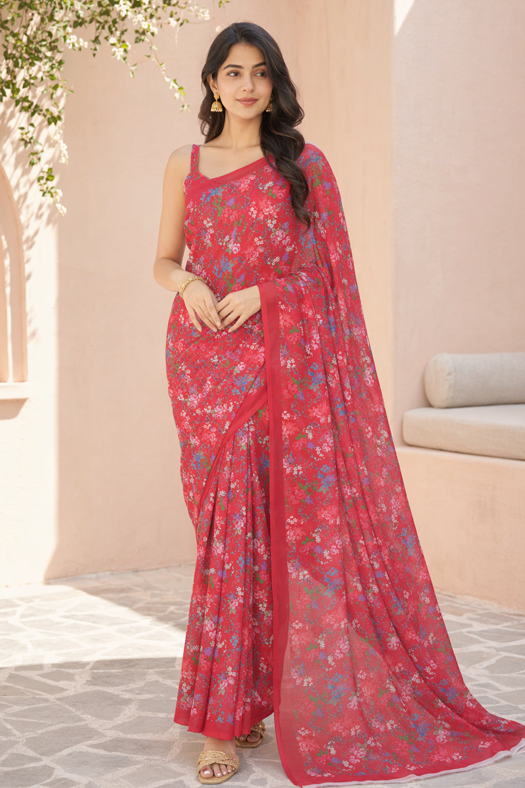 Red Handloom Chiffon Pure Silk Saree With Blouse Piece