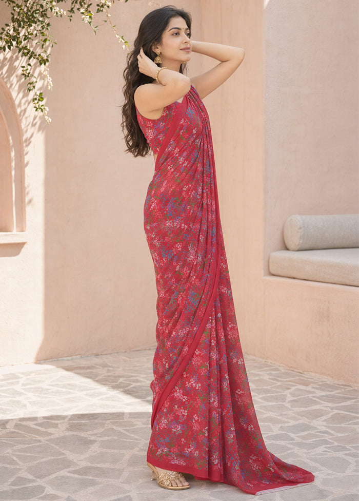 Red Handloom Chiffon Pure Silk Saree With Blouse Piece