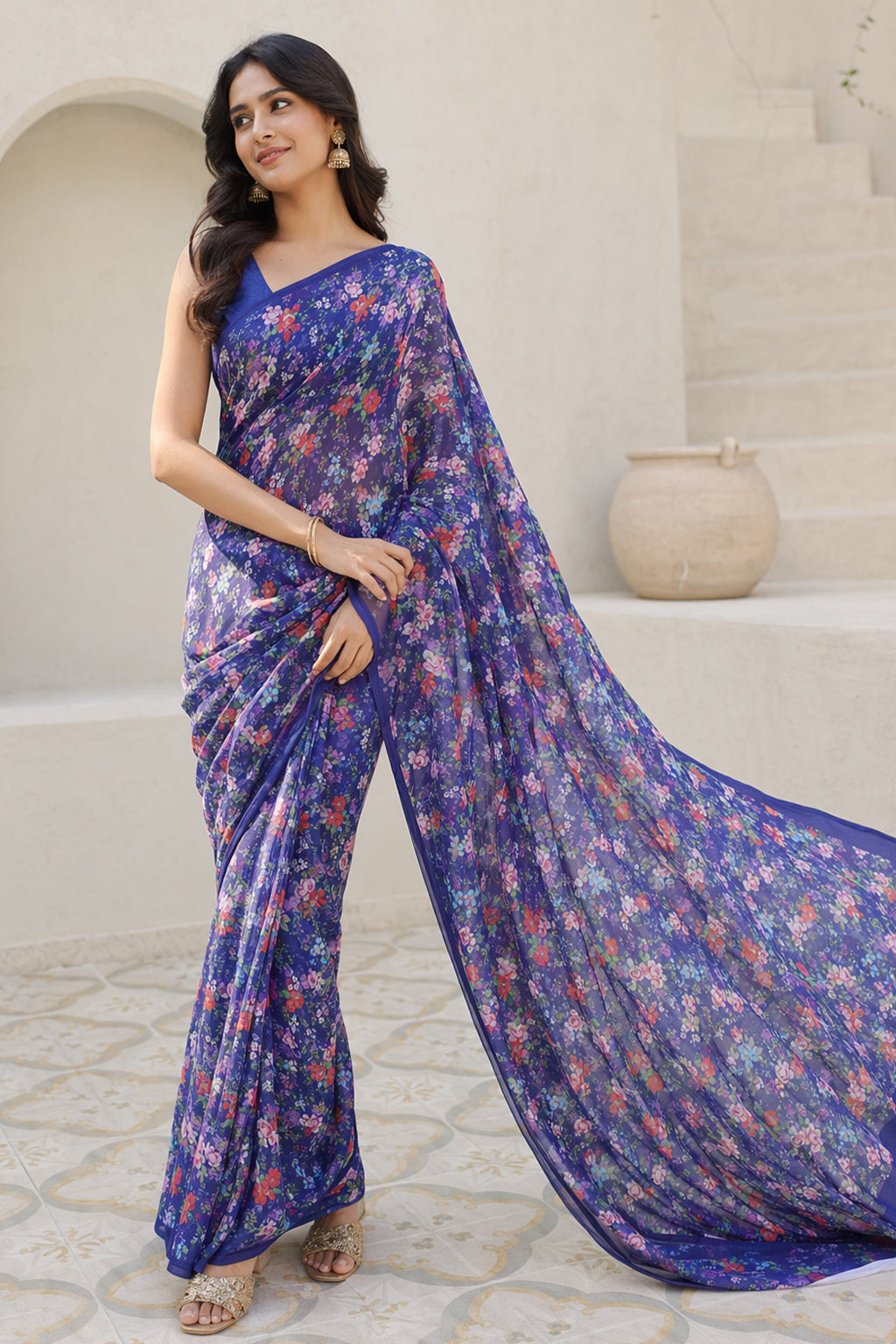Blue Handloom Chiffon Pure Silk Saree With Blouse Piece