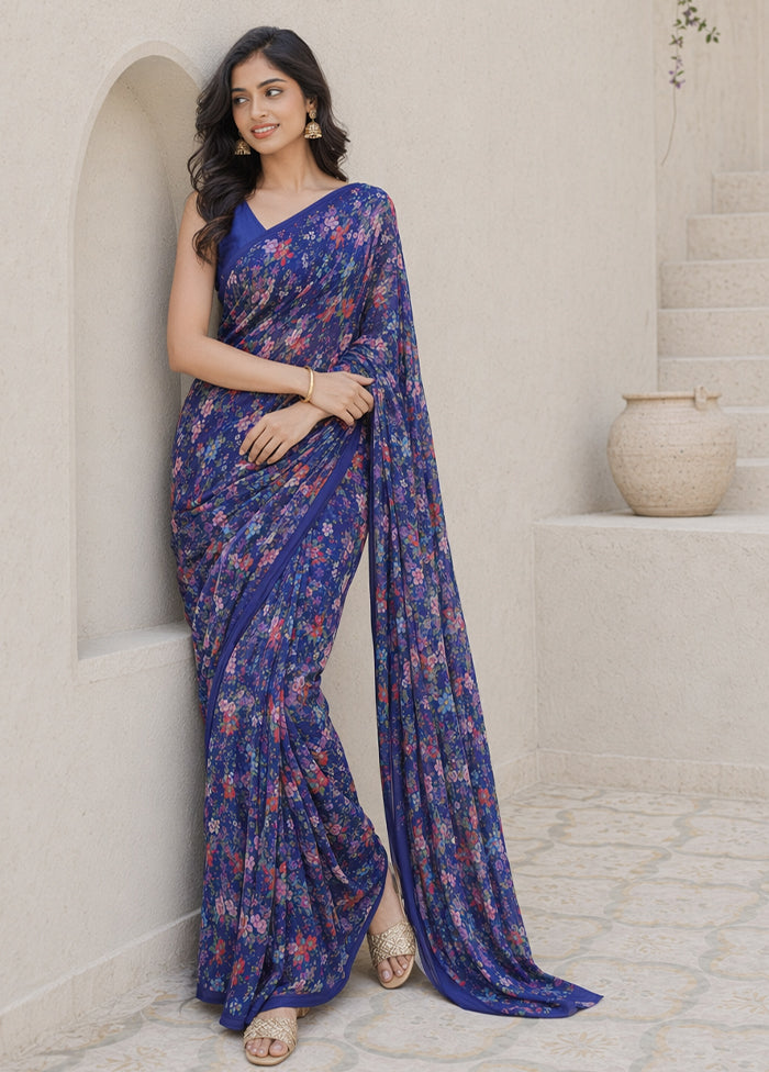Blue Handloom Chiffon Pure Silk Saree With Blouse Piece
