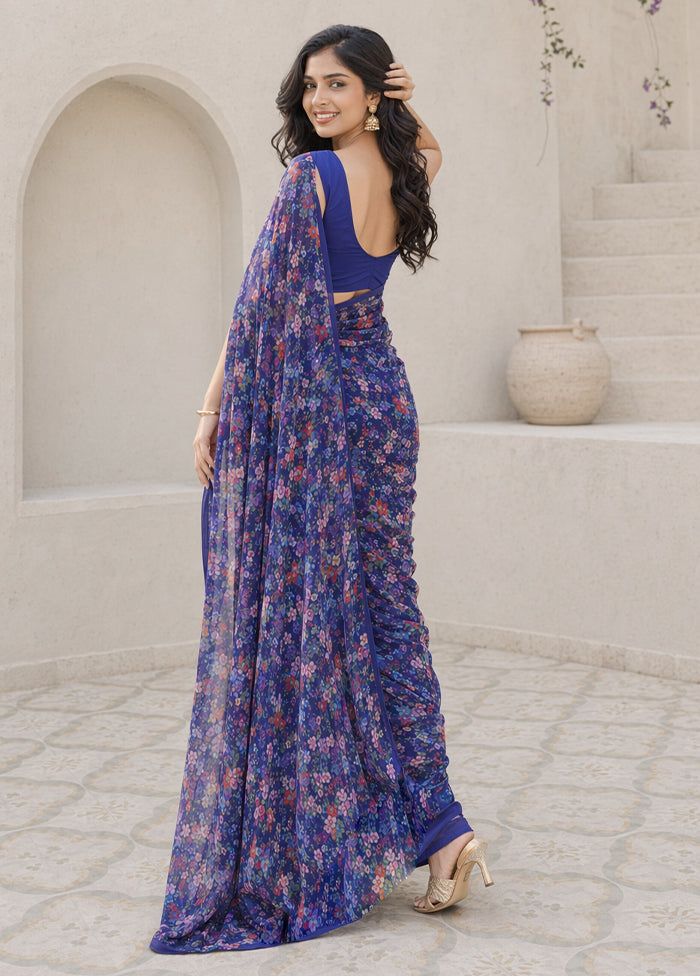 Blue Handloom Chiffon Pure Silk Saree With Blouse Piece