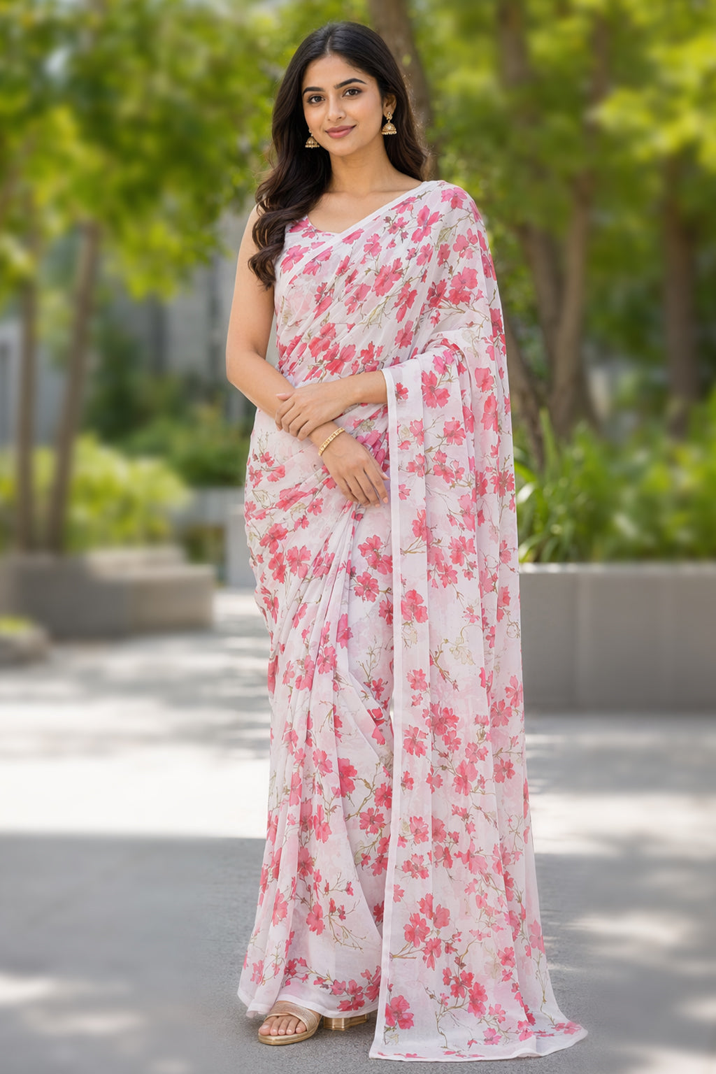 White Handloom Chiffon Pure Silk Saree With Blouse Piece