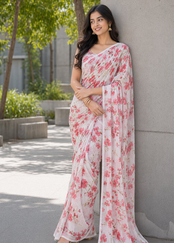 White Handloom Chiffon Pure Silk Saree With Blouse Piece