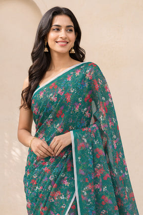 Green Handloom Chiffon Pure Silk Saree With Blouse Piece