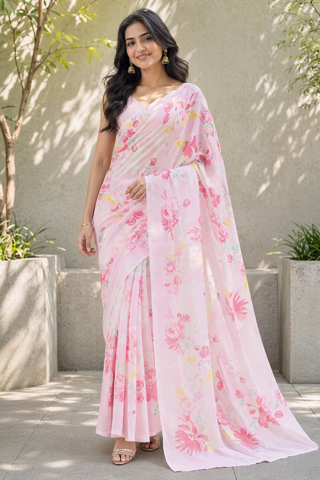 Pink Handloom Chiffon Pure Silk Saree With Blouse Piece