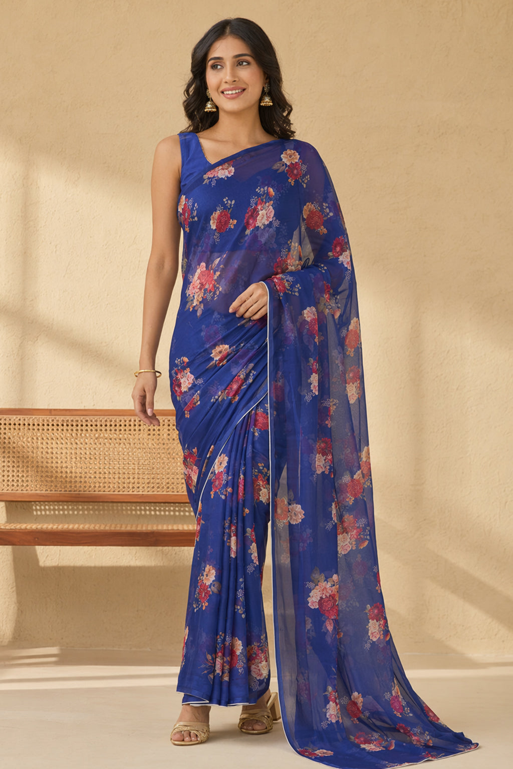 Blue Handloom Chiffon Pure Silk Saree With Blouse Piece