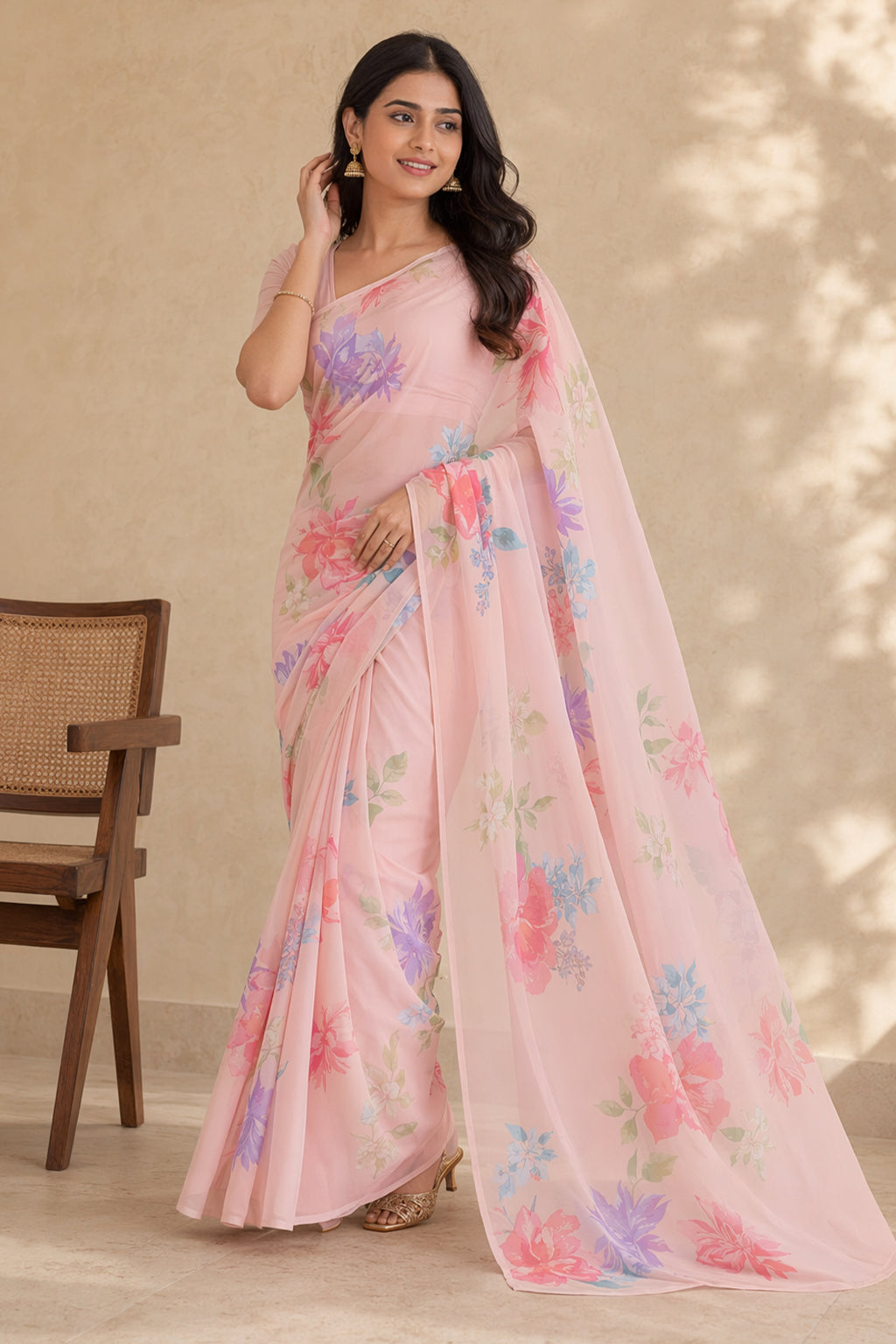 Pink Handloom Chiffon Pure Silk Saree With Blouse Piece
