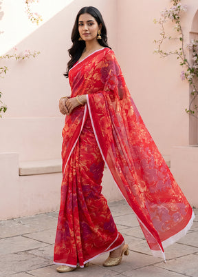 Red Handloom Chiffon Pure Silk Saree With Blouse Piece