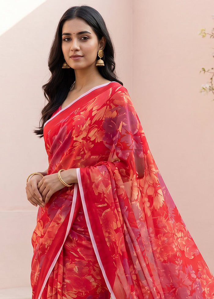 Red Handloom Chiffon Pure Silk Saree With Blouse Piece