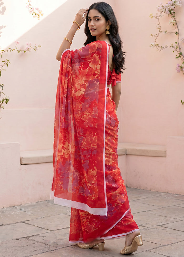 Red Handloom Chiffon Pure Silk Saree With Blouse Piece