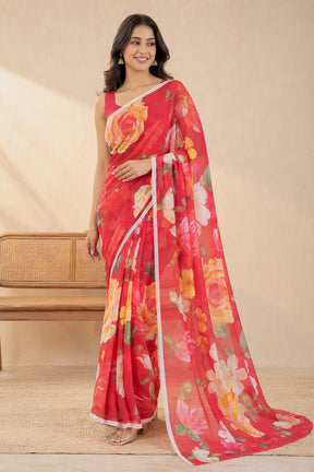 Red Handloom Chiffon Pure Silk Saree With Blouse Piece