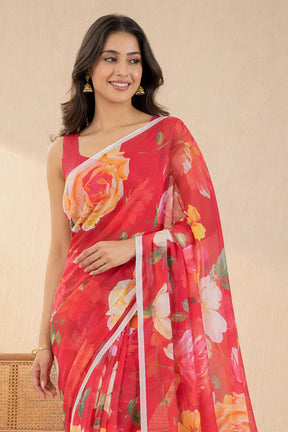Red Handloom Chiffon Pure Silk Saree With Blouse Piece