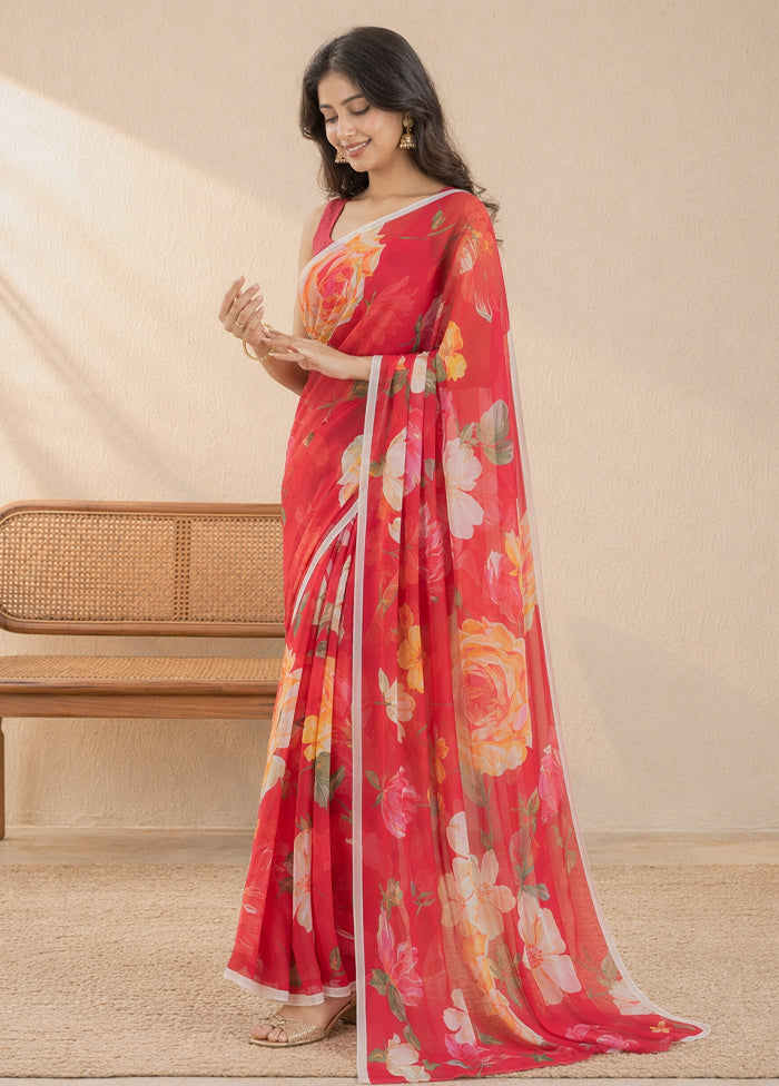 Red Handloom Chiffon Pure Silk Saree With Blouse Piece