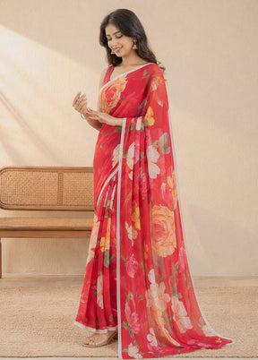 Red Handloom Chiffon Pure Silk Saree With Blouse Piece