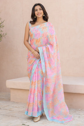 Pink Handloom Chiffon Pure Silk Saree With Blouse Piece