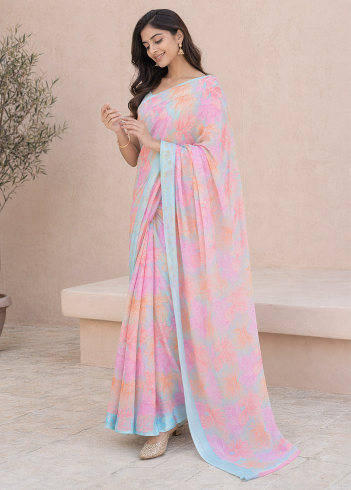 Pink Handloom Chiffon Pure Silk Saree With Blouse Piece