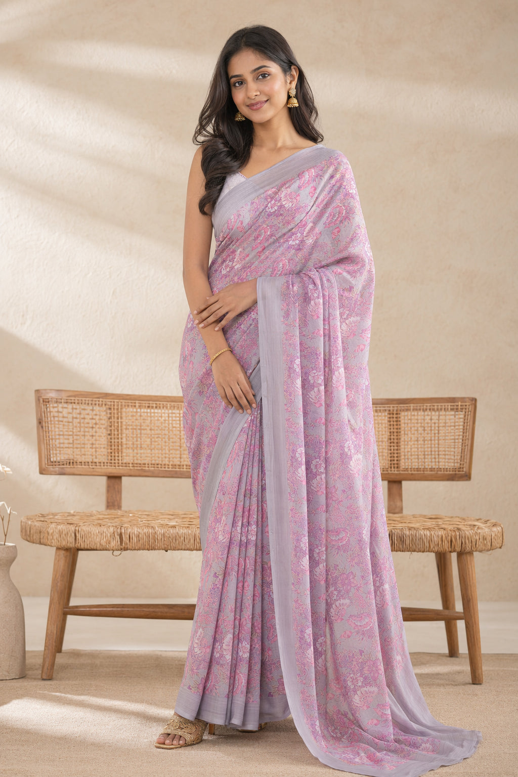 Grey Handloom Chiffon Pure Silk Saree With Blouse Piece