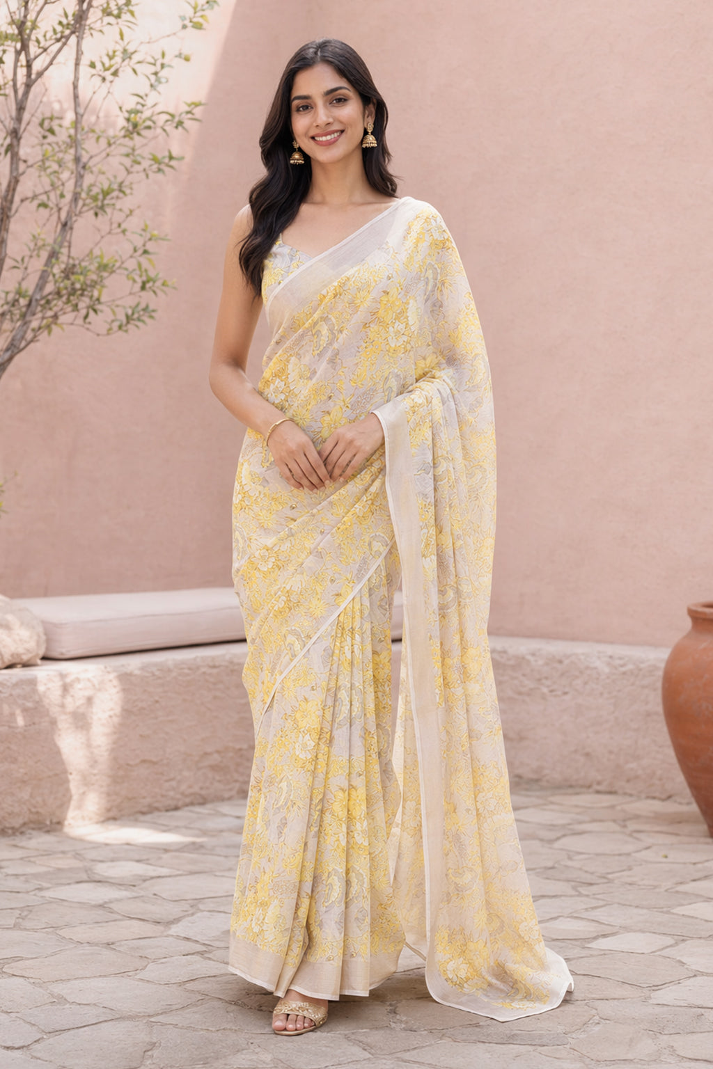 Cream Handloom Chiffon Pure Silk Saree With Blouse Piece