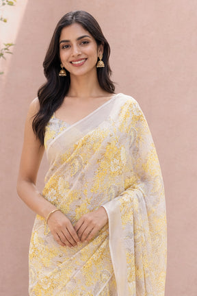 Cream Handloom Chiffon Pure Silk Saree With Blouse Piece