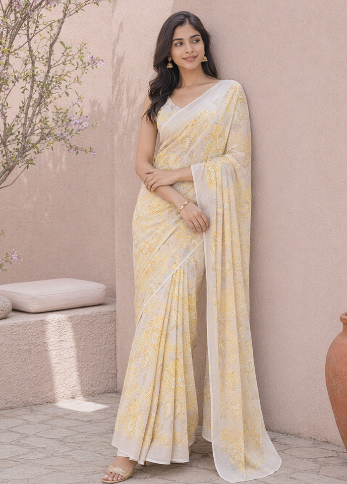 Cream Handloom Chiffon Pure Silk Saree With Blouse Piece