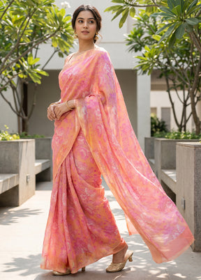Pink Handloom Chiffon Pure Silk Saree With Blouse Piece