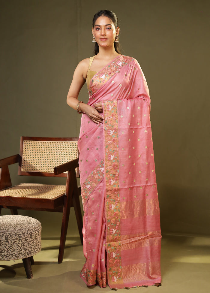 Pink Handloom Tussar Pure Silk Saree With Blouse Piece