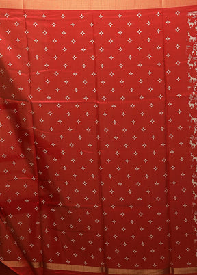 Red Chanderi Cotton Saree With Blouse Piece