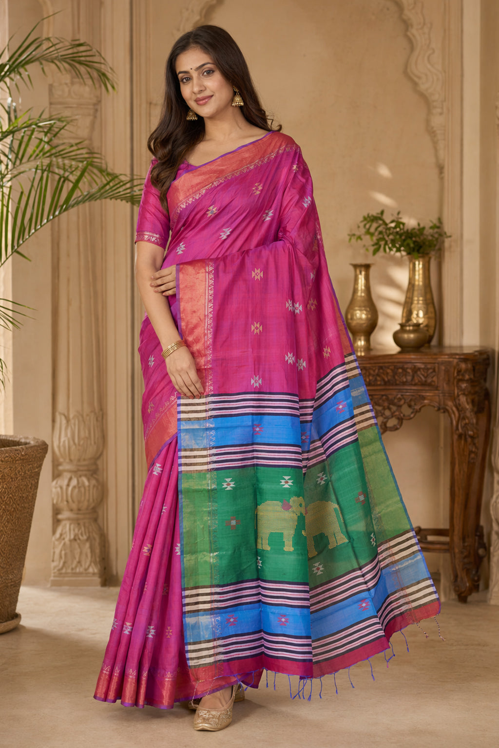 Multicolor kalakshetra Silk Saree With Blouse Piece
