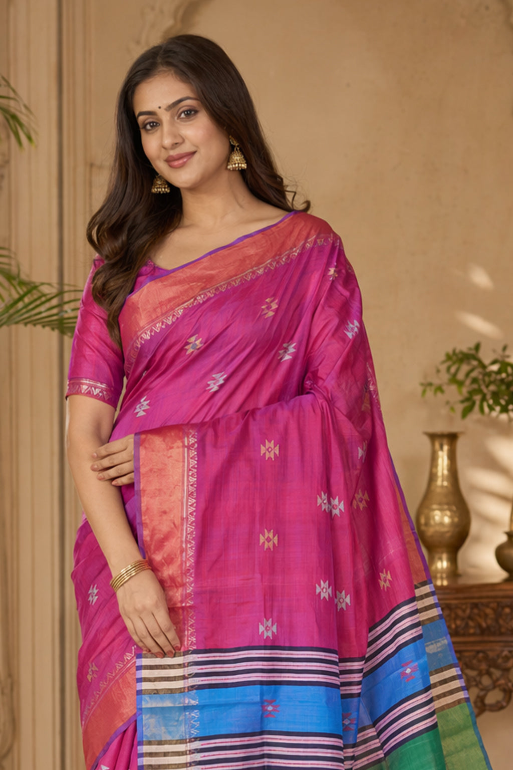 Multicolor kalakshetra Silk Saree With Blouse Piece